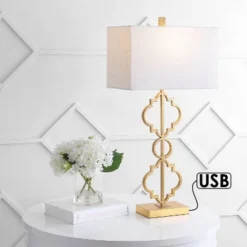 Jonathan Y Selina 32" Iron Ogee Trellis Modern USB Table Lamp in Gold
