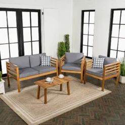 Thom 4-Piece Mid-Century Modern Acacia Wood Outdoor Patio Set With Cushions And Plaid Decorative Pillows - JONATHAN Y