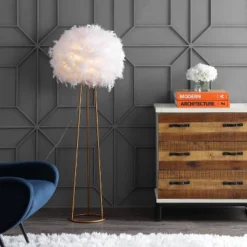 Jonathan Y 52" Metal Feather Floor Lamp - White/Gold with LED Bulb