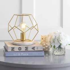 Jonathan Y James 10" Metal and Marble Geometric Table Lamp with LED Bulb - Brass