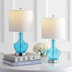 JONATHAN Y Colette 20-inch Blue Glass Mini Table Lamp Set of 2