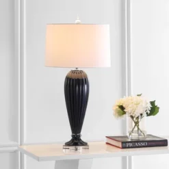 JONATHAN Y Delphine 32.5" Ribbed Glass & Crystal Table Lamp with LED Bulb