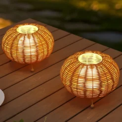 JONATHAN Y Kairi Modern Bohemian Rechargeable Faux Rattan Outdoor LED Table Lamp