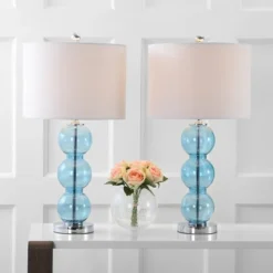 JONATHAN Y Bella 27" Glass Triple Sphere Table Lamp Set in Sky Blue