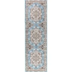 JONATHAN Y Kesan Vintage Medallion Area Rug - Turquoise/Gray Low Pile