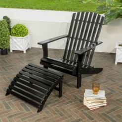 JONATHAN Y Saranac Traditional Acacia Wood Adirondack Chair with Detachable Ottoman