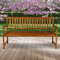 JONATHAN Y Laurel 3-Seat Acacia Wood Outdoor Slat-Back Garden Bench