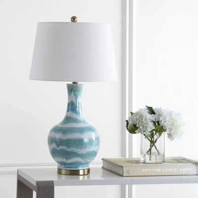 JONATHAN Y Tucker 30.5" Striped Ceramic & Metal LED Table Lamp - Green 4 JONATHAN Y Tucker 30.5" Striped Ceramic & Metal LED Table Lamp - Green - Image 2