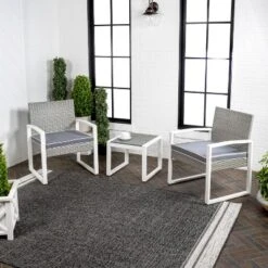 JONATHAN Y Selby 3-Piece Modern Coastal Faux Wicker Outdoor Conversation Set