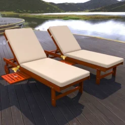 JONATHAN Y Seabrook 69 x 24 Inch Outdoor Acacia Wood Lounger with Pull-Out Table & Wheels