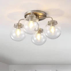 JONATHAN Y Piper 18-Inch 4-Light Farmhouse Rustic Iron and Glass LED Semi Flush Mount