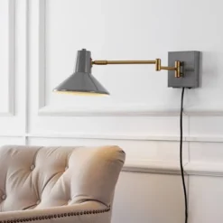 JONATHAN Y 16" Hygge Mid-Century Swing Arm Sconce with USB Port - Gray/Brass
