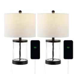 JONATHAN Y Alexander 21" Modern Water Glass Table Lamps with USB Ports, Set of 2