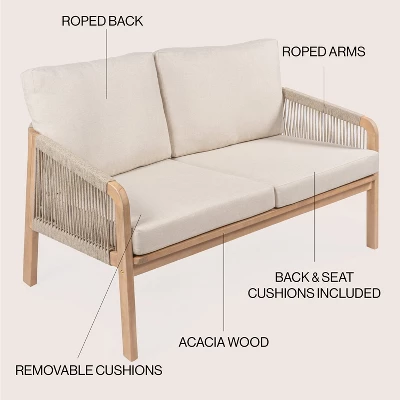 JONATHAN Y Arwen Modern Bohemian Roped Acacia Wood Outdoor Loveseat 5 JONATHAN Y Arwen Modern Bohemian Roped Acacia Wood Outdoor Loveseat - Image 3