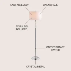 JONATHAN Y Mia Crystal and Metal LED Floor Lamp with Linen Shade