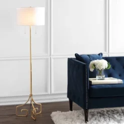 Jonathan Y 61.5" Gold Metal Floor Lamp with White Linen Shade & LED Bulb