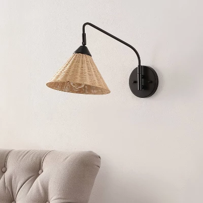 JONATHAN Y Kiawah 1-Light Vintage Coastal Rattan Swing Arm LED Sconce 5 JONATHAN Y Kiawah 1-Light Vintage Coastal Rattan Swing Arm LED Sconce - Image 3