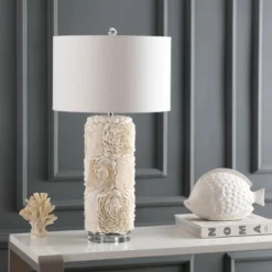 JONATHAN Y Rosette Seashell LED Table Lamp with Linen Drum Shade -Jonathan Y Store GUEST ce63f299 840b 48d9 a266 26d41702f5c0
