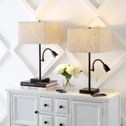 (Set Of 2) 25.5" 2-Light Austin Farmhouse Industrial Table Lamp With USB Charging Oil Rubbed Bronze (Includes LED Light Bulb) - JONATHAN Y