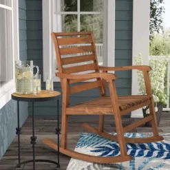 JONATHAN Y Carey Modern Slat-Back Acacia Wood Patio Outdoor Rocking Chair
