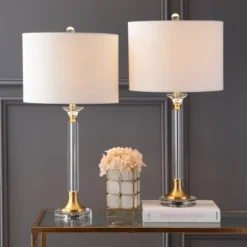 28" (Set Of 2) Mark Crystal/Metal Table Lamp (Includes LED Light Bulb) Clear/Brass - JONATHAN Y