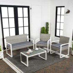 JONATHAN Y Elina 4-Piece Modern Coastal Faux Wicker Outdoor Patio Set