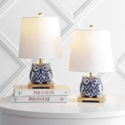 JONATHAN Y Justina 16" Ceramic Owl Mini Table Lamps, Blue/White, Set of 2