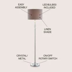 JONATHAN Y Layla Crystal and Metal LED Floor Lamp with Grey Linen Shade