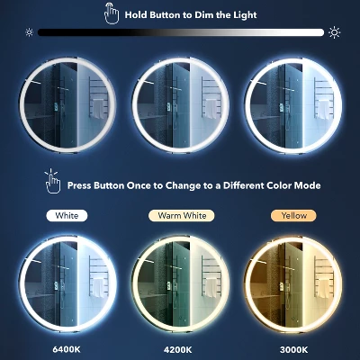 Dane 27" Round Frameless Anti-Fog Aluminum Front/Back-lit Tri-color LED Bathroom Vanity Mirror With Smart Touch Control - JONATHAN Y 9 Dane 27" Round Frameless Anti-Fog Aluminum Front/Back-lit Tri-color LED Bathroom Vanity Mirror With Smart Touch Control - JONATHAN Y - Image 7