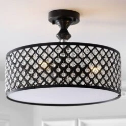JONATHAN Y Elise 17" Black Metal and Crystal Drum Semi-Flush Mount Ceiling Light